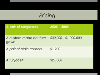 Pricing

A pair of sunglasses       350€ – 400€


A custom-made couture      $30,000 - $1,000,000
gown

A pair of plain trousers   $1,200


A fur jacet                $21,000
 