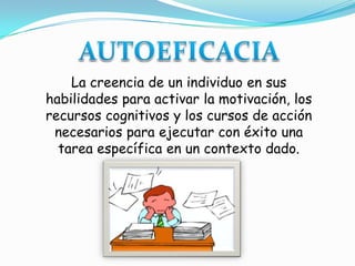La creencia de un individuo en sus
habilidades para activar la motivación, los
recursos cognitivos y los cursos de acción
 necesarios para ejecutar con éxito una
  tarea específica en un contexto dado.
 