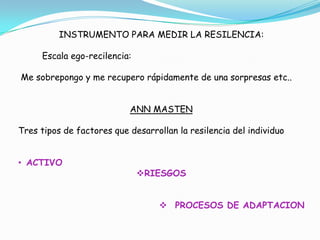 INSTRUMENTO PARA MEDIR LA RESILENCIA:

     Escala ego-recilencia:

Me sobrepongo y me recupero rápidamente de una sorpresas etc..


                           ANN MASTEN

Tres tipos de factores que desarrollan la resilencia del individuo


• ACTIVO
                              RIESGOS


                                   PROCESOS DE ADAPTACION
 