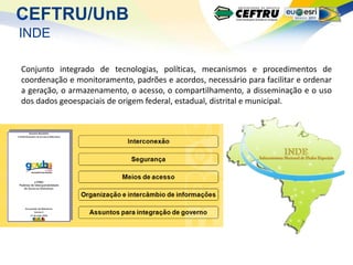 CEFTRU/UnB
INDE

Conjunto integrado de tecnologias, políticas, mecanismos e procedimentos de
coordenação e monitoramento, padrões e acordos, necessário para facilitar e ordenar
a geração, o armazenamento, o acesso, o compartilhamento, a disseminação e o uso
dos dados geoespaciais de origem federal, estadual, distrital e municipal.
 