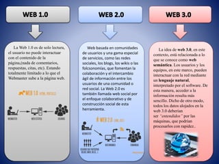 La Web 1.0 es de solo lectura,
el usuario no puede interactuar
con el contenido de la
página,(nada de comentarios,
respuestas, citas, etc). Estando
totalmente limitado a lo que el
Webmaster sube a la página web.
Web basada en comunidades
de usuarios y una gama especial
de servicios, como las redes
sociales, los blogs, los wikis o las
folcsonomías, que fomentan la
colaboración y el intercambio
ágil de información entre los
usuarios de una comunidad o
red social. La Web 2.0 es
también llamada web social por
el enfoque colaborativo y de
construcción social de esta
herramienta.
La idea de web 3.0, en este
contexto, está relacionada a lo
que se conoce como web
semántica. Los usuarios y los
equipos, en este marco, pueden
interactuar con la red mediante
un lenguaje natural,
interpretado por el software. De
esta manera, acceder a la
información resulta más
sencillo. Dicho de otro modo,
todos los datos alojados en la
web 3.0 deberían
ser “entendidos” por las
máquinas, que podrían
procesarlos con rapidez..
 