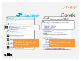 O Twitter




Twitter Search mostra o boca a                       Google mostra páginas mais
boca em tempo real.                                  relevantes.




                As mídias sociais como ferramentas de relacionamento com os stakeholders: os blogs
 