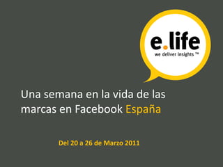 Una semana en la vida de las
marcas en Facebook España

       Del 20 a 26 de Marzo 2011
 