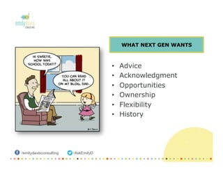•  Advice
•  Acknowledgment
•  Opportunities
•  Ownership
•  Flexibility
•  History
WHAT NEXT GEN WANTS
 