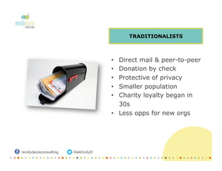 •  Direct mail & peer-to-peer
•  Donation by check
•  Protective of privacy
•  Smaller population
•  Charity loyalty began in
30s
•  Less opps for new orgs
TRADITIONALISTS
 