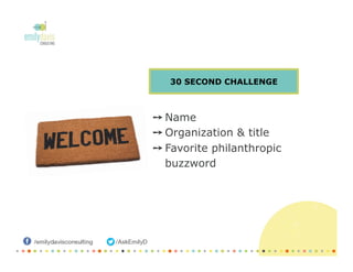 ➙ Name
➙ Organization & title
➙ Favorite philanthropic
buzzword
30 SECOND CHALLENGE
 