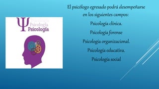 El psicólogo egresado podrá desempeñarse
en los siguientes campos:
Psicología clínica.
Psicología forense
Psicología organizacional.
Psicología educativa.
Psicología social
 
