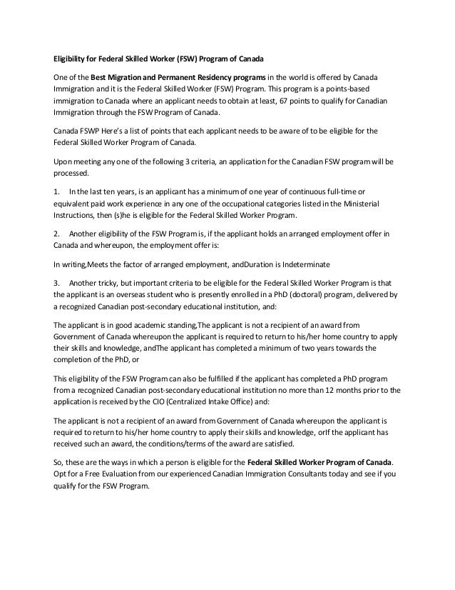 Eligibility for federal skilled worker (fsw) program of canada