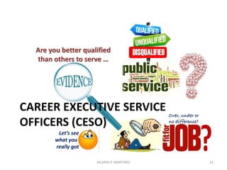 For SG 1-12:
at least 2years
of college
education
For SG 13-23:
college
graduate
For SG 24:
masteral
degree
For SG 25-33:
at least a
masteral
degree
Educational Requirement per Level in
the Civil Service
LEVEL 1 L E V E L 2 LEVEL 3│ │ │ │
31
WHAT IS THE JOB-EDUCATION
MATCHING CONCEPT?
HILARIO P. MARTINEZ
 