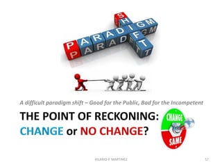 How acquired
Certificate of Eligibility*
Based on universally recognized
psychometric models
Generic
Test instrument
Thru written test by applicant
Before application to job
Frequency: once per eligibility
Multiple retake allowed
Based on job-specific competency standard
Job-specific
Assessment instrument
Thru panel assessment
Before application and during job tenure
Frequency: proposed to be periodical
Retake generally not allowed
57
* Excludes RA 1080 and other special eligibilities
Certificate of Competency
HILARIO P. MARTINEZ
 