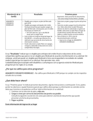 1086291780712810085 2
Miembro(s) de la
familia
Resultados Próximos pasos
Importante: Debe presentar los documentos.
Este aviso incluye fechas límites y detalles.
ADALBERTO
CERVANTES
RODRIGUEZ
• Elegible para comprar un plan del Mercado
para 2018
• Elegible para pagos anticipados del crédito
fiscal para las primas para ayudar a pagar un
plan del Mercado. Usted puede usar el crédito
fiscal hasta un máximo de:
• $575.00 cada mes, que es $6,900.00
anual, para su hogar fiscal.
• Esto se basa en el ingreso anual del hogar de
$24,000.00 — el monto que informó en su
solicitud o que provenía de otras fuentes de
información recientes.
• Puede seleccionar un plan Plata con copagos,
coseguro y deducible (reducciones de costos
compartidos) más bajos.
• Seleccione un plan y pague la prima del primer
mes.
• Seleccion un plan y pague la prima del primer
mes. Debe seleccionar un plan Plata para
obtener los ahorros adicionales en gastos de
bolsillo. Seleccionar un plan Plata en lugar de
un plan Bronce puede ahorrarle miles de
dólares si utiliza muchos servicios médicos.
• Para el febrero 6, 2018, envíe la
documentación para confirmar:
• Ingreso de su hogar de ADALBERTO
CERVANTES RODRIGUEZ
Si sus "Resultados" indican que es elegible para anticipos del crédito fiscal o reducciones de los costos
compartidos significa que parece no ser elegible para Medicaid de acuerdo a la información en su solicitud. Sin
embargo, usted aún puede ser elegible para Medicaid si tiene una incapacidad o necesidades de cuidado
médico especial que no reportó en su solicitud. Para aprender más, visite
CuidadoDeSalud.gov/es/people-with-disabilities o comuníquese con su agencia estatal de Medicaid para
preguntar por las reglas en su estado.
¿Por qué no califico para otros programas?
ADALBERTO CERVANTES RODRIGUEZ – No califica para Medicaid o CHIP porque no cumple con los requisitos
actuales de su estado.
¿Qué debo hacer ahora?
Si sus "Próximos pasos" le indican presentar documentos, siga las instrucciones a continuación. Si no, podría
perder la cobertura o ayuda financiera para la que califica ahora porque su información no coincide con los
datos que tenemos o no podemos verificar toda la información en su solicitud.
1. Continúe con la selección de plan y elija uno.
2. Cargue o envíe por correo los documentos tan pronto sea posible.
Consulte la siguiente sección de este aviso para obtener una lista de documentos que puede
presentar y la forma de presentarlos.
3. Pague su prima.
Envíe información del ingreso de su hogar
 
