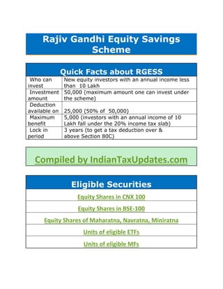 Rajiv Gandhi Equity Savings
              Scheme

               Quick Facts about RGESS
 Who can       New equity investors with an annual income less
invest         than 10 Lakh
 Investment    50,000 (maximum amount one can invest under
amount         the scheme)
 Deduction
available on   25,000 (50% of 50,000)
 Maximum       5,000 (investors with an annual income of 10
benefit        Lakh fall under the 20% income tax slab)
 Lock in       3 years (to get a tax deduction over &
period         above Section 80C)



  Compiled by IndianTaxUpdates.com

                 Eligible Securities
                    Equity Shares in CNX 100
                    Equity Shares in BSE-100
      Equity Shares of Maharatna, Navratna, Miniratna
                      Units of eligible ETFs
                      Units of eligible MFs
 