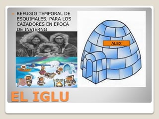 EL IGLU
 REFUGIO TEMPORAL DE
ESQUIMALES, PARA LOS
CAZADORES EN EPOCA
DE INVIERNO
ALEX
 