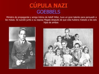 CÚPULA NAZI GOEBBELS Ministro de propaganda y amigo íntimo de Adolf Hitler, tuvo un gran talento para persuadir a las masas. Se suicidó junto a su esposa Magda después de que esta hubiera matado a los seis  hijos de ambos   