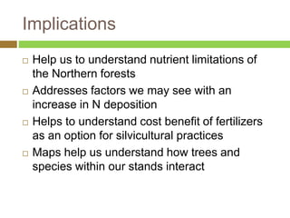Implications 
 Help us to understand nutrient limitations of 
the Northern forests 
 Addresses factors we may see with an 
increase in N deposition 
 Helps to understand cost benefit of fertilizers 
as an option for silvicultural practices 
 Maps help us understand how trees and 
species within our stands interact 
 