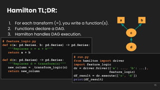 Hamilton TL;DR:
1. For each transform (=), you write a function(s).
2. Functions declare a DAG.
3. Hamilton handles DAG ex...