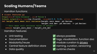 Hamilton functions:
Scaling Humans/Teams
36
# client_features.py
@tag(owner='Data-Science', pii='False')
@check_output(dat...