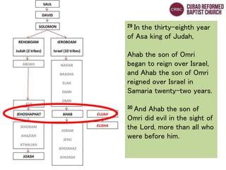 29 In the thirty-eighth year
of Asa king of Judah,
Ahab the son of Omri
began to reign over Israel,
and Ahab the son of Omri
reigned over Israel in
Samaria twenty-two years.
30 And Ahab the son of
Omri did evil in the sight of
the Lord, more than all who
were before him.
 