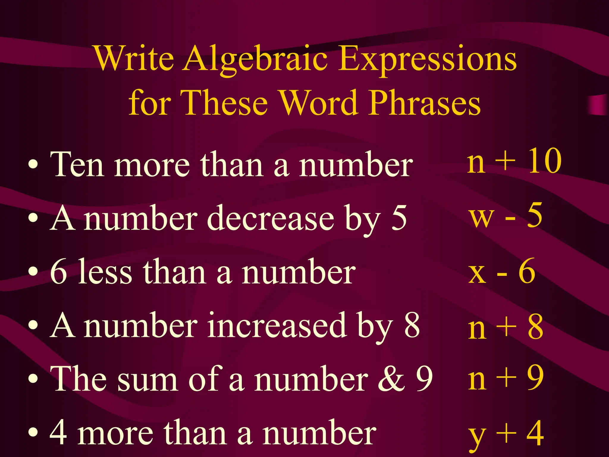Write Algebraic Expressions
for These Word Phrases
• Ten more than a number
• A number decrease by 5
• 6 less than a number
• A number increased by 8
• The sum of a number & 9
• 4 more than a number
n + 10
w - 5
x - 6
n + 8
n + 9
y + 4
 