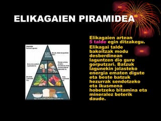 ELIKAGAIEN PIRAMIDEA Elikagaien artean  5 talde  egin ditzakegu. Elikagai talde bakoitzak modu desberdinean laguntzen dio gure gorputzari. Batzuk lagunekin jolasteko energia ematen digute eta beste batzuk hezurrak sendotzeko eta ikusmena hobetzeko bitamina eta mineralez beterik daude. 