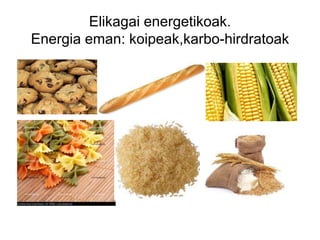 Elikagai energetikoak.
Energia eman: koipeak,karbo-hirdratoak
 