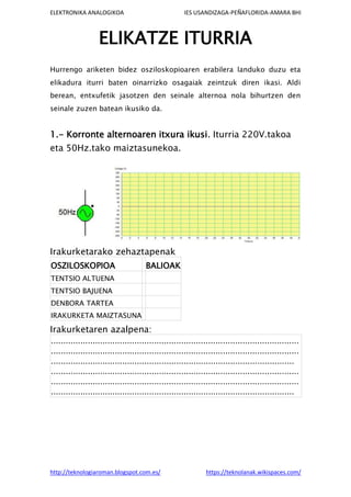 ELEKTRONIKA ANALOGIKOA                                IES USANDIZAGA-PEÑAFLORIDA-AMARA BHI



                   ELIKATZE ITURRIA
Hurrengo ariketen bidez osziloskopioaren erabilera landuko duzu eta
elikadura iturri baten oinarrizko osagaiak zeintzuk diren ikasi. Aldi
berean, entxufetik jasotzen den seinale alternoa nola bihurtzen den
seinale zuzen batean ikusiko da.


1.- Korronte alternoaren itxura ikusi. Iturria 220V.takoa
eta 50Hz.tako maiztasunekoa.




Irakurketarako zehaztapenak
OSZILOSKOPIOA                         BALIOAK
TENTSIO ALTUENA
TENTSIO BAJUENA
DENBORA TARTEA
IRAKURKETA MAIZTASUNA

Irakurketaren azalpena:
.....................................................................................................
.....................................................................................................
...................................................................................................
.....................................................................................................
.....................................................................................................
...................................................................................................




http://teknologiaroman.blogspot.com.es/                        https://teknolanak.wikispaces.com/
 