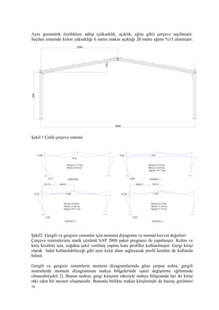 Aynı geometrik özelliklere sahip (yükseklik, açıklık, eğim gibi) çerçeve seçilmiştir.
Seçilen sistemde kolon yüksekliği 6 metre makas açıklığı 20 metre eğimi %15 alınmıştır.
600
1000
150
2000
Şekil 1 Çelik çerçeve sistemi
9.37
13.86
8.41
Nkolon=5.73 ton
Nkiriş=4.65 ton
8.64
6.00
4.53
Nkolon=6.32 ton
Nkiriş=13.29 ton
Ngergi=10.11 ton
Ngergi=10.11 ton
7.66
12.27 5.66
Nkolon=6.26ton
Nkiriş=13.86 ton
GERGİLİ 2
333.33 666.67
GERGİSİZ GERGİLİ 1
9.44
14.28 7.94
333.33666.67
Nkolon=6.21ton
Nkiriş=11.43 ton
Ngergi=7.73 ton
GERGİLİ 3
Şekil2 Gergili ve gergisiz sistemler için moment diyagramı ve normal kuvvet değerleri
Çerçeve sistemlerinin statik çözümü SAP 2000 paket programı ile yapılmıştır. Kolon ve
kiriş kesitleri için, soğukta şekil verilmiş yapma kutu profiller kullanılmıştır. Gergi kirişi
olarak halat kullanılabileceği gibi aynı kesit alanı sağlayacak profil kesitler de kullanıla
bilinir.
Gergili ve gergisiz sistemlerin moment diyagramlarında göze çarpan nokta; gergili
sistemlerde moment diyagramının mahya bölgelerinde işaret değiştirme eğiliminde
olmasıdır(şekil 2). Bunun nedeni, gergi kirişinin etkisiyle mahya bölgesinde her iki kirişi
etki eden bir mesnet oluşmasıdır. Bununla birlikte makas kirişlerinde de basınç gerilmesi
16
 