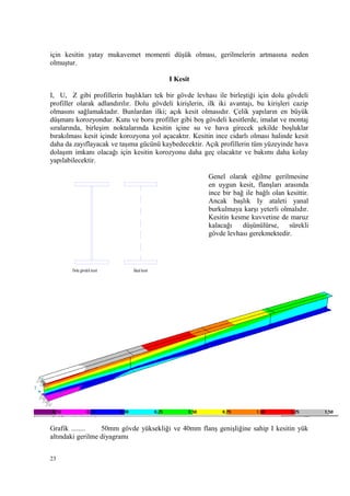 için kesitin yatay mukavemet momenti düşük olması, gerilmelerin artmasına neden
olmuştur.
I Kesit
I, U, Z gibi profillerin başlıkları tek bir gövde levhası ile birleştiği için dolu gövdeli
profiller olarak adlandırılır. Dolu gövdeli kirişlerin, ilk iki avantajı, bu kirişleri cazip
olmasını sağlamaktadır. Bunlardan ilki; açık kesit olmasıdır. Çelik yapıların en büyük
düşmanı korozyondur. Kutu ve boru profiller gibi boş gövdeli kesitlerde, imalat ve montaj
sıralarında, birleşim noktalarında kesitin içine su ve hava girecek şekilde boşluklar
bırakılması kesit içinde korozyona yol açacaktır. Kesitin ince cidarlı olması halinde kesit
daha da zayıflayacak ve taşıma gücünü kaybedecektir. Açık profillerin tüm yüzeyinde hava
dolaşım imkanı olacağı için kesitin korozyonu daha geç olacaktır ve bakımı daha kolay
yapılabilecektir.
Genel olarak eğilme gerilmesine
en uygun kesit, flanşları arasında
ince bir bağ ile bağlı olan kesittir.
Ancak başlık Iy ataleti yanal
burkulmaya karşı yeterli olmalıdır.
Kesitin kesme kuvvetine de maruz
kalacağı düşünülürse, sürekli
gövde levhası gerekmektedir.
Grafik ........ 50mm gövde yüksekliği ve 40mm flanş genişliğine sahip I kesitin yük
altındaki gerilme diyagramı
23
Dolu gövdeli kesit İdeal kesit
 