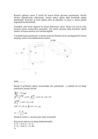 Kesmeli eğilmeye maruz U kesitli bir konsol kirişin davranışı incelenmiştir. Kesitin
gövdesi doğrultusunda yüklenmiştir. Kesitin sadece eğilme değil burulmada yaptığı
görülmüştür. Konsolun uç kesiti eğilme etkisi ile çökmekte ve ayrıca z- eksene paralel
doğrultuda da dönmektedir.
Genellikle sabit kesitli doğrusal bir kirişin dönmemesi istenir. Bunun için kuvvet, kiriş
kesitinin kayma merkezinden geçmelidir. Tek simetri eksenine sahip kesitlerde, ağırlık
merkezi ile kayma merkezi aynı noktada değildir.
U kesitteki kayma gerilmesini ve kayma merkezini bulmak için dz uzunluğunda bir eleman
çıkarılıp, serbest cisim denklemlerini yazalım.
Şekil..............
Burada σ gerilmeleri eğilme momentinden ileri gelmektedir. –z yönünde kuvvet denge
denklemini yazacak olursak:
∑ = 0zF dan
0...... =−−
+
∫ ∫ dztdAy
I
M
dAy
I
dMM
xz
xx
τ
∫ = dztdAy
I
dM
xz
x
.... τ
dzVdM y .= ve ∫ = xSdAy. ise
tI
SV
x
xy
xz
.
.
=τ dir.
Burada Sx kesitin x- eksenine göre statik momentidir.
Kiriş kesiti statik kuvvet denge denklemlerinden
V1-V3 = 0 ise V1 = V3 ve
V’
-V2 = 0 ise V’ = V2 dir.
29
V'
V3
V2
V3
x
y
GO
σ+dσ
σ
τxz
 