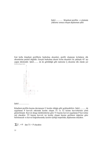 Şekil.............. Köşebent profilin –z yönünde
yükleme sonucu oluşan deplasman şekli
Eşit kollu köşebent profillerin burkulma eksenleri, profili oluşturan levhaların dik
eksenlerine paralel değildir. Gerçek burkulma ekseni levha eksenleri ile yaklaşık 45o
açı
yapan düzlemdir. Şekil......... de de görüldüğü gibi malzeme ξ eksenine dik olarak yer
değiştirmiştir.
Şekil ....................
Köşebent profilin kayma davranışını U kesitte olduğu gibi açıklayabiliriz. Şekil............ de
uygulanan P kuvveti etkisinde kesitte oluşan T1 ve T2 kesme kuvvetlerinin yönü
gösterilmiştir. Kuvvet denge denklemlerine göre T1 kayma kuvvet uygulanan P kuvvetine
eşit olacaktır. T2 kayma kuvveti ise kesitte oluşan kayma gerilmesi değerine göre
belirlenecek ve kuvvet doğrultusunda, kesitin rijitliği nispetinde, deplasman olacaktır.
∑ = 0yF dan T1 = P olacaktır.
33
T1
T2
P
y
x
 