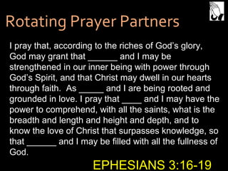 Rotating Prayer PartnersRotating Prayer Partners
I pray that, according to the riches of God’s glory,
God may grant that ______ and I may be
strengthened in our inner being with power through
God’s Spirit, and that Christ may dwell in our hearts
through faith. As _____ and I are being rooted and
grounded in love. I pray that ____ and I may have the
power to comprehend, with all the saints, what is the
breadth and length and height and depth, and to
know the love of Christ that surpasses knowledge, so
that ______ and I may be filled with all the fullness of
God.
EPHESIANS 3:16-19
 