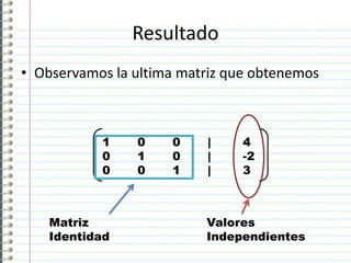 Resultado
• Observamos la ultima matriz que obtenemos
Matriz
Identidad
Valores
Independientes
 
