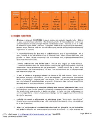 Semana         Lunes        Martes         Miércoles        Jueves       Viernes     Sábado         Domingo
           Número
            12-16          A        B                                    C                        D
                       Hombro/   Piernas                               Axilas                  Pecho/
                         axilas  Brazos                              Hombros                   espalda
            12-16        50-60    50-60                20-30           50-60          DE        50-60           20-30
                        minutos  minutos              Minutos         minutos                  minutos         Minutos
                       Bajo-MED Bajo-MED              H.I.I.T        Bajo-MED                 Bajo-MED         H.I.I.T


         Consejos especiales
            •	   ¡El chiste es conseguir RESULTADOS! No puedo recalcar esto bastante. Si puedes bajar 1-2 libras
                 de grasa cada semana con solamente 4 días de cardio, ¡hazlo! Si no estás bajando, tendrás que
                 agregar más cardio. Si crees conseguir mejores resultados con cardio a intervalos en vez de cardio
                 de intensidad baja o media, ¡adelante! El programa antedicho es un patrón sólido de trabajo,
                 pero no tengas miedo de hacer tus propias adaptaciones basadas en tu propio conocimiento y
                 experiencias de ti mismo. 

            •	   Te recomendaría tener tus días altos en carbohidratos los días de especialización. Por lo
                 tanto, durante la fase de especialización en hombros/axilas, planea tu re-alimentación para
                 el lunes y el jueves. Sé que esto no son 3 días exactamente, pero el principio fundamental es
                 reciclar de una manera u otra.  

            •	   Aumenta cardiovascular 5-10 minutos cada 4 semanas. Esto asegura que no te estanques.
                 Y notarás que la frecuencia del entrenamiento cardiovascular sigue una progresión lineal que
                 aumenta de 4 días a la semana a seis días a la semana. también notarás que el H.I.I.T. está
                 programado para días sin entrenamiento con peso. Estos entrenamientos son los más intensos así
                 que merecen su propio día. 

            •	   Tu meta es perder 1% de grasa por semana. Un hombre de 300 libras intentará perder 3 libras
                 por semana; un hombre de 200 libras 2 libras por semana etc. Para la mayoría, esto significa
                 perder en promedio 1-2 libras de grasa cada semana. Pésate cada semana para asegurarte de
                 que estás bajando. Si estás bajando perfectamente, simplemente sigue haciendo lo que hiciste
                 la semana anterior en tu entrenamiento cardiovascular. 

            •	   El ejercicio cardiovascular de intensidad reducida está diseñado para quemar grasa. Estos
                 entrenamientos no se diseñan para mejorar tu condición (aunque pueden hacerlo para algunos)
                 sino simplemente para aumentar tu gasto energético. tu mejor ejercicio cardiovascular es
                 caminar una pendiente o escalera. Cualquier actividad que ejercite tus glúteos y muslos maximiza
                 las calorías quemadas.

            •	   Continúa entrenando pesado durante tus sesiones de pesas. “No te relajes mentalmente”
                 durante tus entrenamientos sólo porque estás recortando. Entrena con la misma intensidad que
                 en tu fase de aumento.

            •	   Separa tus entrenamientos cardiovasculares tanto como sea posible de tus entrenamientos
                 con pesas. Por ejemplo, haz tus entrenamientos con peso al medio día y tu cardio temprano por


© Vince Delmonte http://www.culturismosintonterias.com 2006-2009.                                              Page 48 of 68
Todos los derechos reservados.
 
