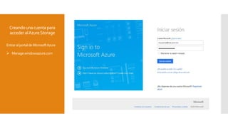 Creandounacuentapara
accederalAzureStorage
EntraralportaldeMicrosoftAzure
 Manage.windowsazure.com
 