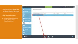 Creandounacuentapara
accederalAzureStorage
Clavesdealmacenamiento
 Teniendo nuestracuentaya
creada,damosclicen
AdministrarClaves.
 