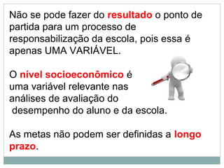 Não se pode fazer do resultado o ponto de 
partida para um processo de 
responsabilização da escola, pois essa é 
apenas UMA VARIÁVEL. 
O nível socioeconômico é 
uma variável relevante nas 
análises de avaliação do 
desempenho do aluno e da escola. 
As metas não podem ser definidas a longo 
prazo. 
 
