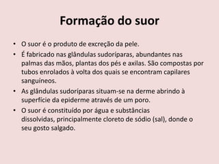 Formação do suor
• O suor é o produto de excreção da pele.
• É fabricado nas glândulas sudoríparas, abundantes nas
  palmas das mãos, plantas dos pés e axilas. São compostas por
  tubos enrolados à volta dos quais se encontram capilares
  sanguíneos.
• As glândulas sudoríparas situam-se na derme abrindo à
  superfície da epiderme através de um poro.
• O suor é constituído por água e substâncias
  dissolvidas, principalmente cloreto de sódio (sal), donde o
  seu gosto salgado.
 