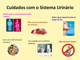 Cuidados com o Sistema Urinário
Evitar reter a urina durante muito
tempo.                                                     Beber água regularmente ao
                                                           longo do dia.
                             Não consumir proteínas
                             em excesso.




Fazer uma alimentação
                              Ter cuidado com sanitários          Não consumir álcool.
saudável.
                              públicos.
 