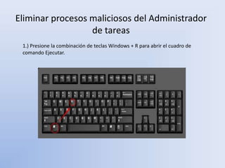 Eliminar procesos maliciosos del Administrador
de tareas
1.) Presione la combinación de teclas Windows + R para abrir el cuadro de
comando Ejecutar.
 