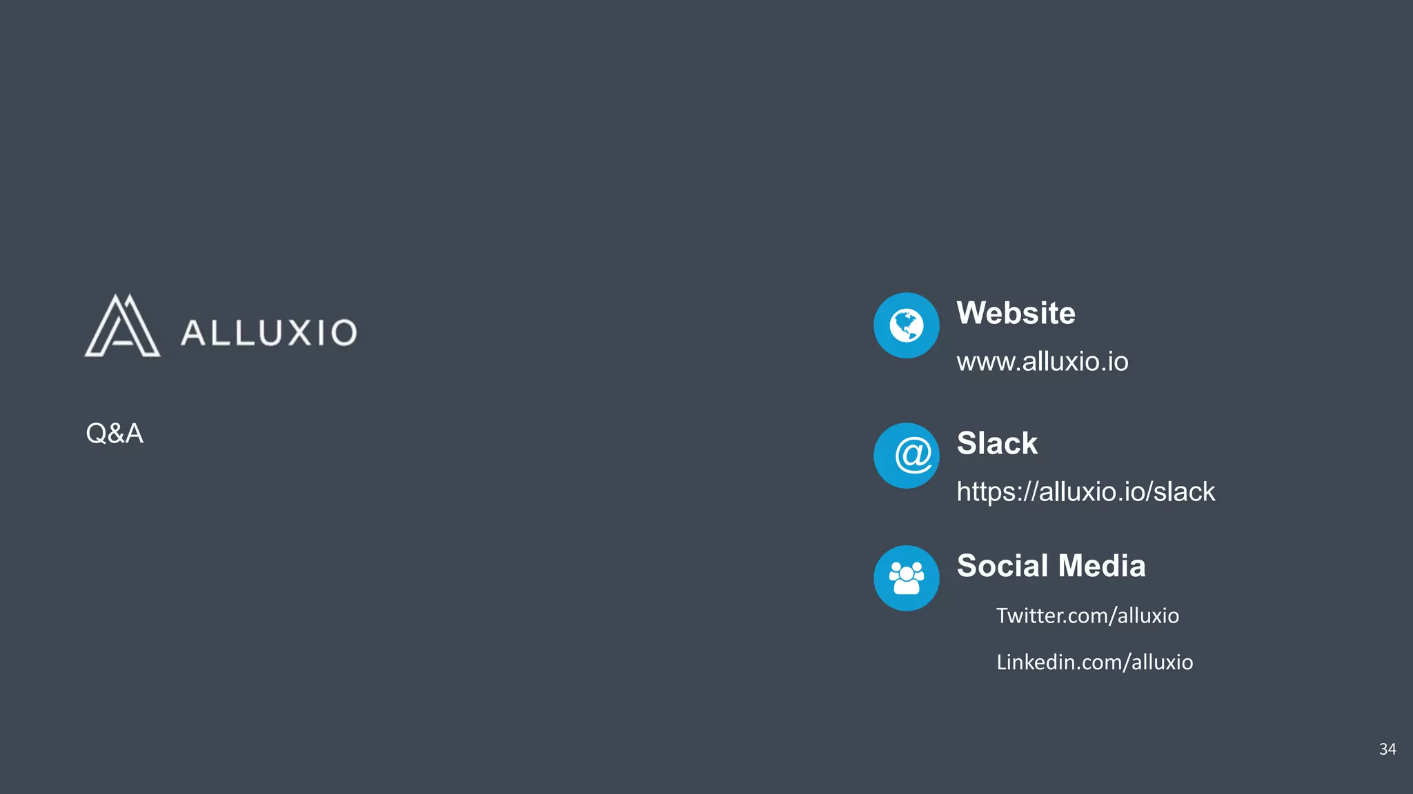 Twitter.com/alluxio
Linkedin.com/alluxio
Website
www.alluxio.io
Slack
https://alluxio.io/slack
@
Social Media
Q&A
34
 