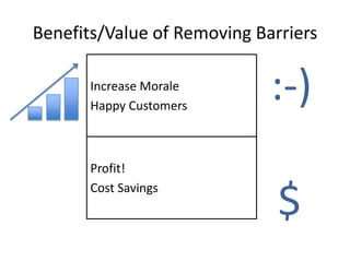 Benefits/Value of Removing Barriers
Increase Morale
Happy Customers

Profit!
Cost Savings

:-)
$

 