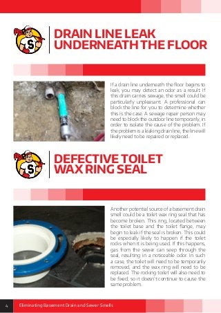 4 Eliminating Basement Drain and Sewer Smells
DRAIN LINE LEAK
UNDERNEATH THE FLOOR
DEFECTIVE TOILET
WAX RING SEAL
If a drain line underneath the floor begins to
leak, you may detect an odor as a result. If
this drain carries sewage, the smell could be
particularly unpleasant. A professional can
block the line for you to determine whether
this is the case. A sewage repair person may
need to block the outdoor line temporarily, in
order to isolate the cause of the problem. If
the problem is a leaking drain line, the line will
likely need to be repaired or replaced.
Another potential source of a basement drain
smell could be a toilet wax ring seal that has
become broken. This ring, located between
the toilet base and the toilet flange, may
begin to leak if the seal is broken. This could
be especially likely to happen if the toilet
rocks when it is being used. If this happens,
gas from the sewer can seep through the
seal, resulting in a noticeable odor. In such
a case, the toilet will need to be temporarily
removed, and the wax ring will need to be
replaced. The rocking toilet will also need to
be fixed, so it doesn’t continue to cause the
same problem.
 
