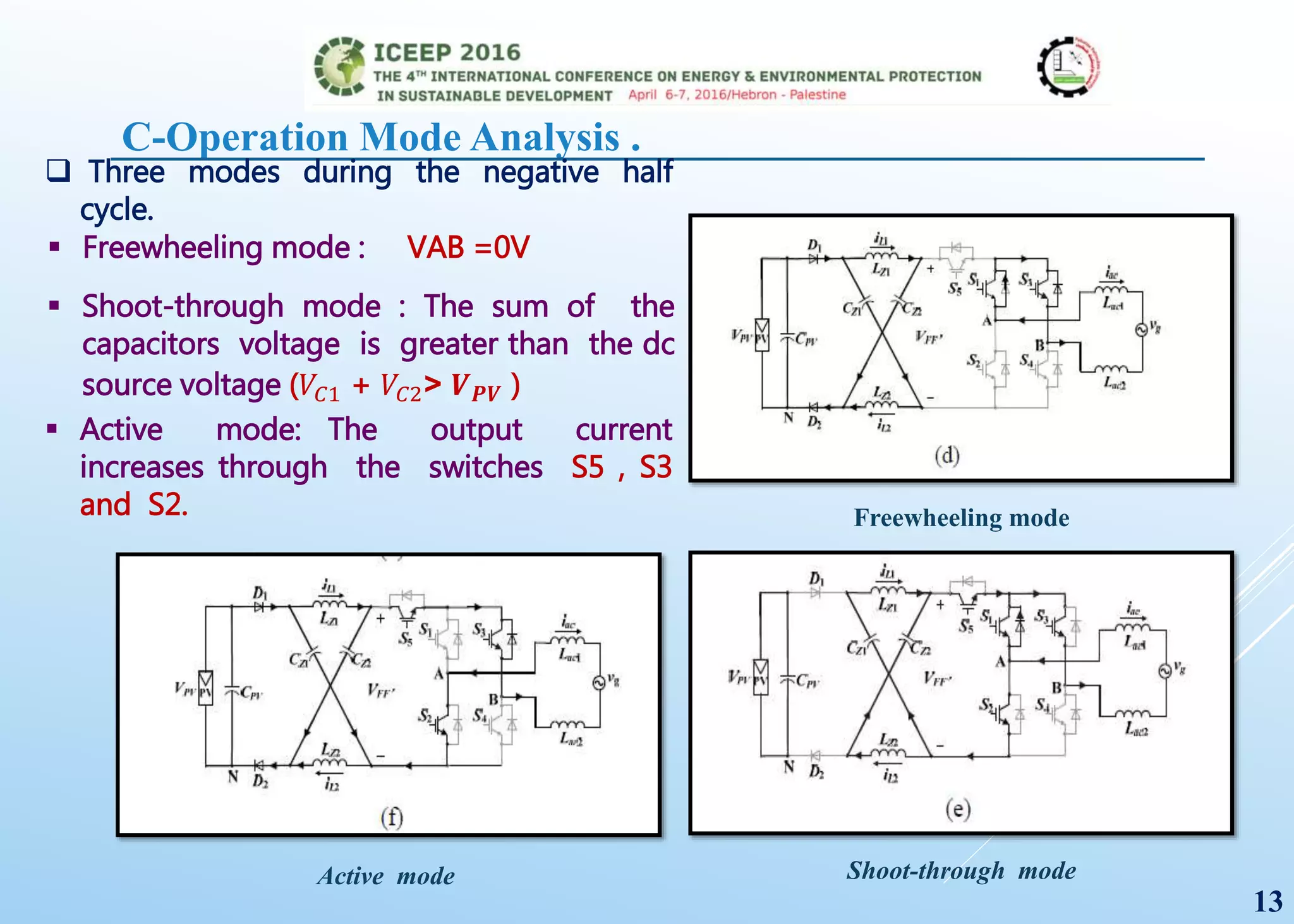 C-Operation Mode Analysis .
Freewheeling mode
Shoot-through modeActive mode
 Three modes during the negative half
cycle.
 Freewheeling mode : VAB =0V
 Shoot-through mode : The sum of the
capacitors voltage is greater than the dc
source voltage (𝑉𝐶1 + 𝑉𝐶2˃ 𝑽 𝑷𝑽 )
 Active mode: The output current
increases through the switches S5 , S3
and S2.
13
 