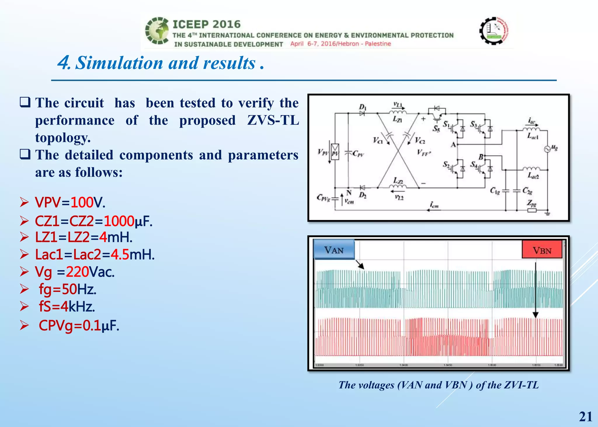4. Simulation and results .
 The circuit has been tested to verify the
performance of the proposed ZVS-TL
topology.
 The detailed components and parameters
are as follows:
 VPV=100V.
 CZ1=CZ2=1000μF.
 LZ1=LZ2=4mH.
 Lac1=Lac2=4.5mH.
 Vg =220Vac.
 fg=50Hz.
 fS=4kHz.
 CPVg=0.1μF.
The voltages (VAN and VBN ) of the ZVI-TL
21
 