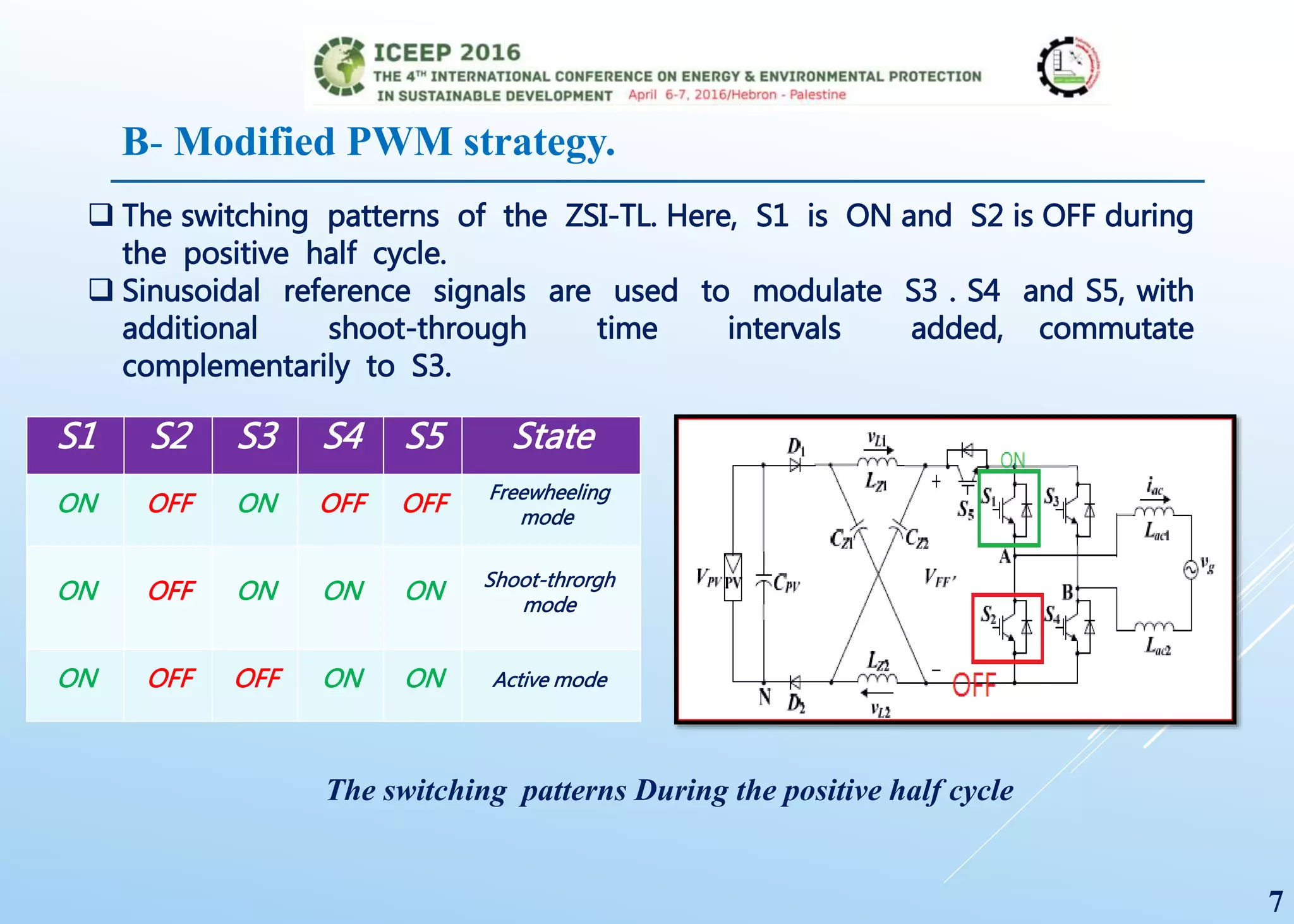  The switching patterns of the ZSI-TL. Here, S1 is ON and S2 is OFF during
the positive half cycle.
 Sinusoidal reference signals are used to modulate S3 . S4 and S5, with
additional shoot-through time intervals added, commutate
complementarily to S3.
S1 S2 S3 S4 S5 State
ON OFF ON OFF OFF Freewheeling
mode
ON OFF ON ON ON Shoot-throrgh
mode
ON OFF OFF ON ON Active mode
The switching patterns During the positive half cycle
7
B- Modified PWM strategy.
 