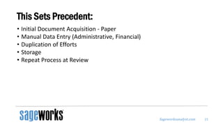 Sageworksanalyst.com
This Sets Precedent:
• Initial Document Acquisition - Paper
• Manual Data Entry (Administrative, Financial)
• Duplication of Efforts
• Storage
• Repeat Process at Review
15
 