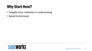 Sageworksanalyst.com
Why Start Here?
• Tangible time reduction in underwriting
• Speed to borrower
20
 
