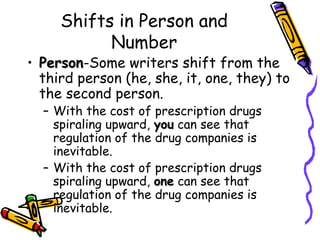Shifts in Person and
           Number
• Person-Some writers shift from the
  Person
  third person (he, she, it, one, they) to
  the second person.
  – With the cost of prescription drugs
    spiraling upward, you can see that
    regulation of the drug companies is
    inevitable.
  – With the cost of prescription drugs
    spiraling upward, one can see that
    regulation of the drug companies is
    inevitable.
 