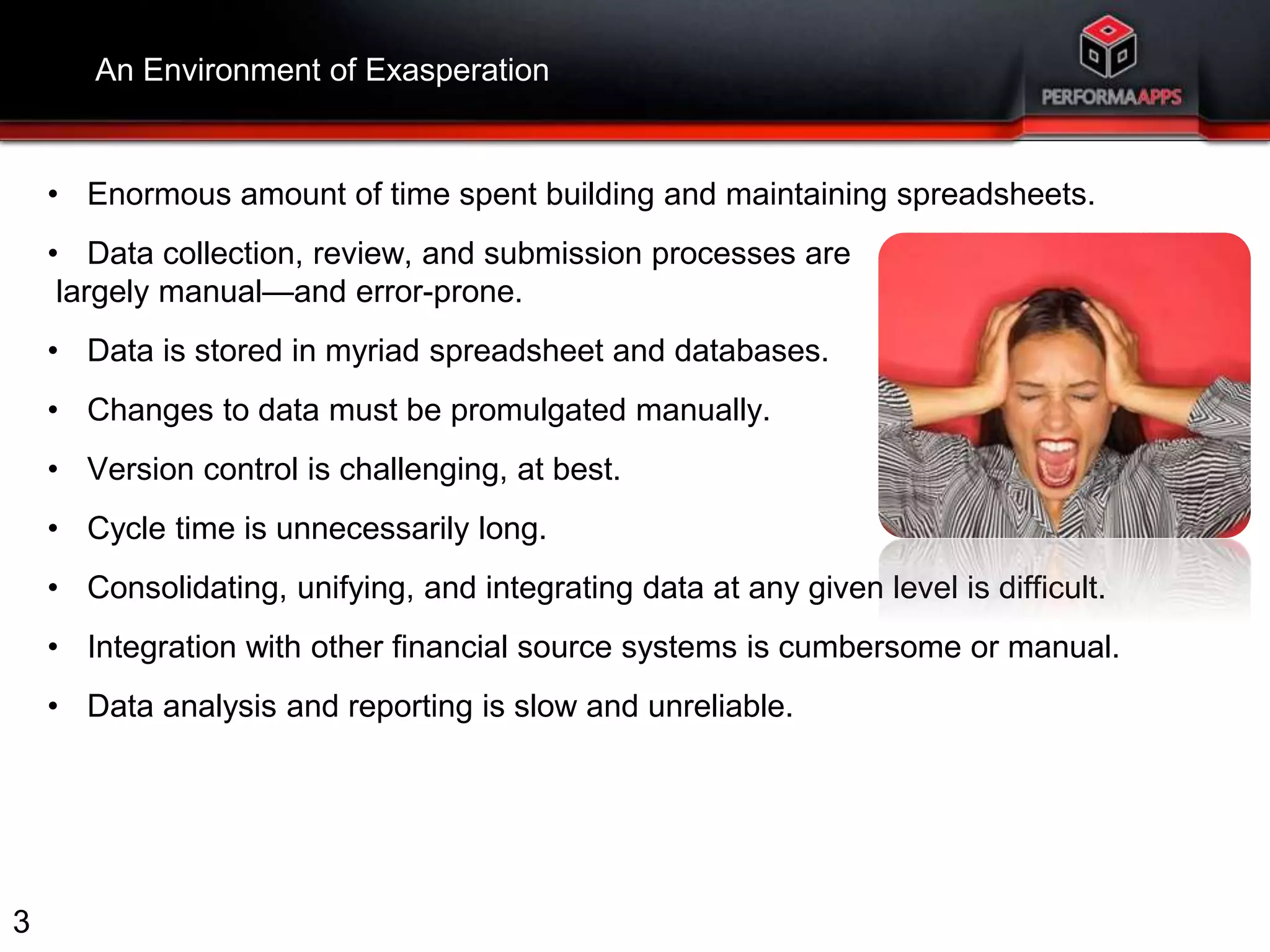 An Environment of Exasperation 
• Enormous amount of time spent building and maintaining spreadsheets. 
• Data collection, review, and submission processes are 
largely manual—and error-prone. 
• Data is stored in myriad spreadsheet and databases. 
• Changes to data must be promulgated manually. 
• Version control is challenging, at best. 
• Cycle time is unnecessarily long. 
• Consolidating, unifying, and integrating data at any given level is difficult. 
• Integration with other financial source systems is cumbersome or manual. 
• Data analysis and reporting is slow and unreliable. 
3 
 