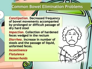 Feces enter rectum distension of rectal walls initiates signal through mesenteric plexus initiate peristaltic waves (descending, sigmoid colon, rectum)anus internal sphincter inhibited from closing relaxed external sphincter defecation
